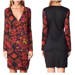 Desigual Boho Abstract Floral Print  Midi Dress Women's V-Neck Multicolor XL